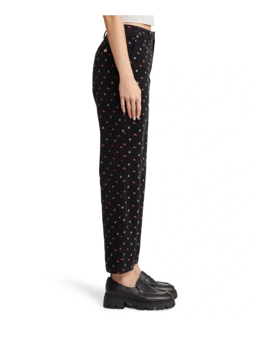Brixton Black High-waisted Straight-Leg Pants with Tiny Red & Blue flower Print